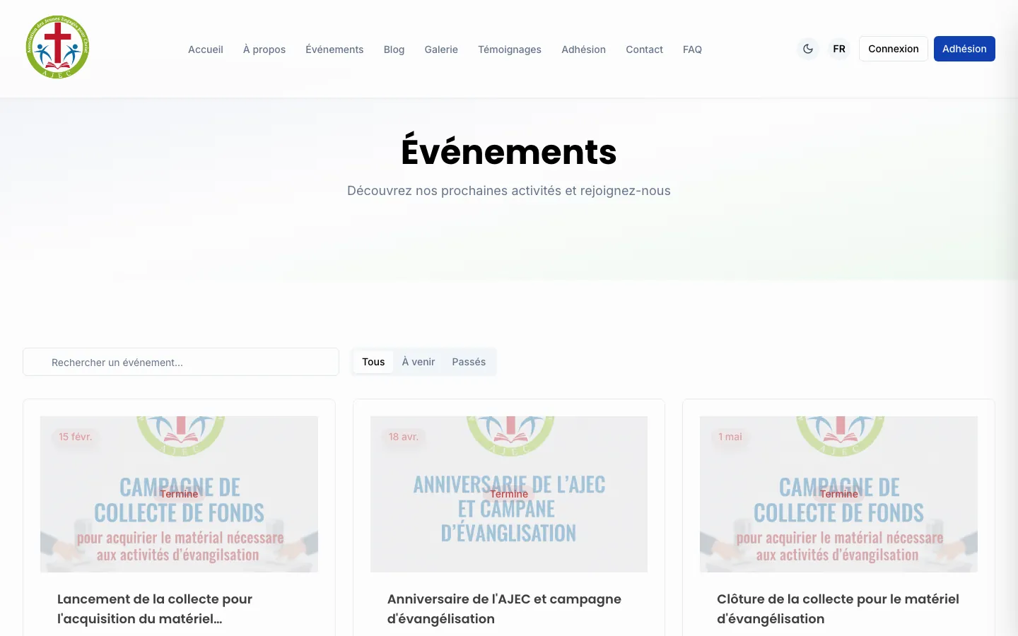 Agenda des événements avec filtres
