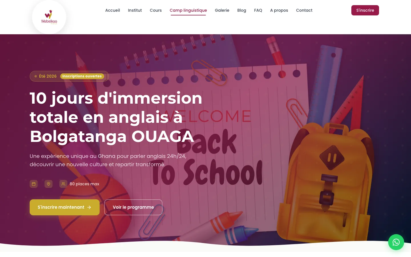 Page du camp d'immersion